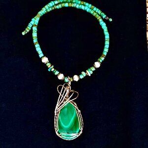 NWT ALEXANDRA'S ACCENTS Artisan Green Malachite Choker Necklace Silver Frame